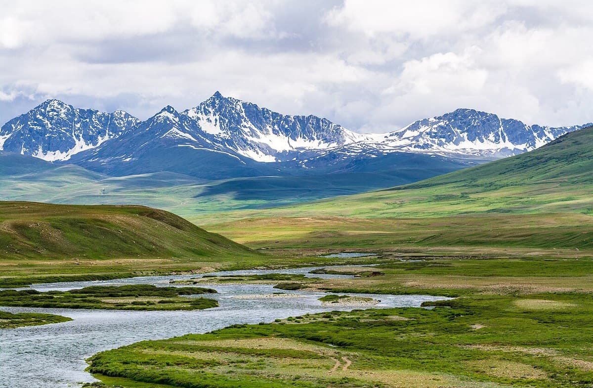 A clear stream winding across the green Deosai plateau towards snow-streaked mountains