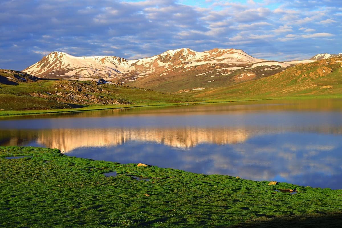 Still water of Sheosar Lake reflects snow-streaked rounded peaks above green alpine grass on the Deosai plateau.